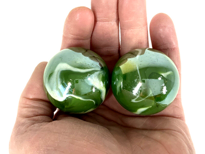 2 Boulders 42mm (1 5/8") FUNGUS Marbles glass ball Green White Iridescent large Swirl