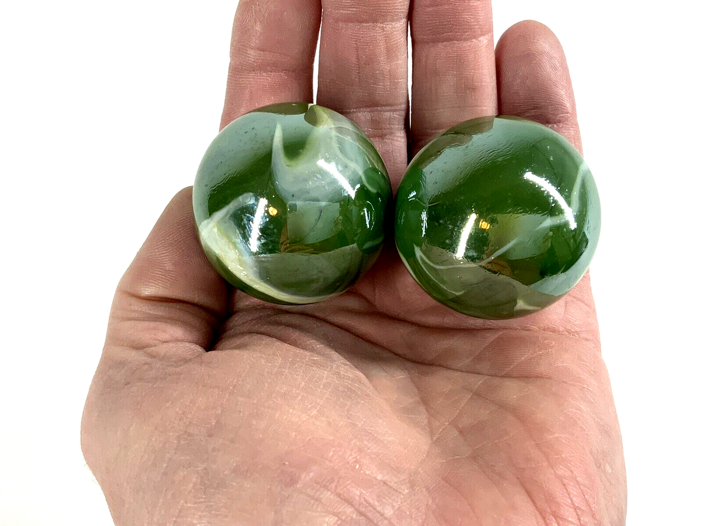 2 Boulders 42mm (1 5/8") FUNGUS Marbles glass ball Green White Iridescent large Swirl