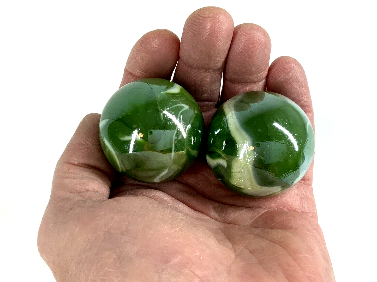 2 Boulders 42mm (1 5/8") FUNGUS Marbles glass ball Green White Iridescent large Swirl