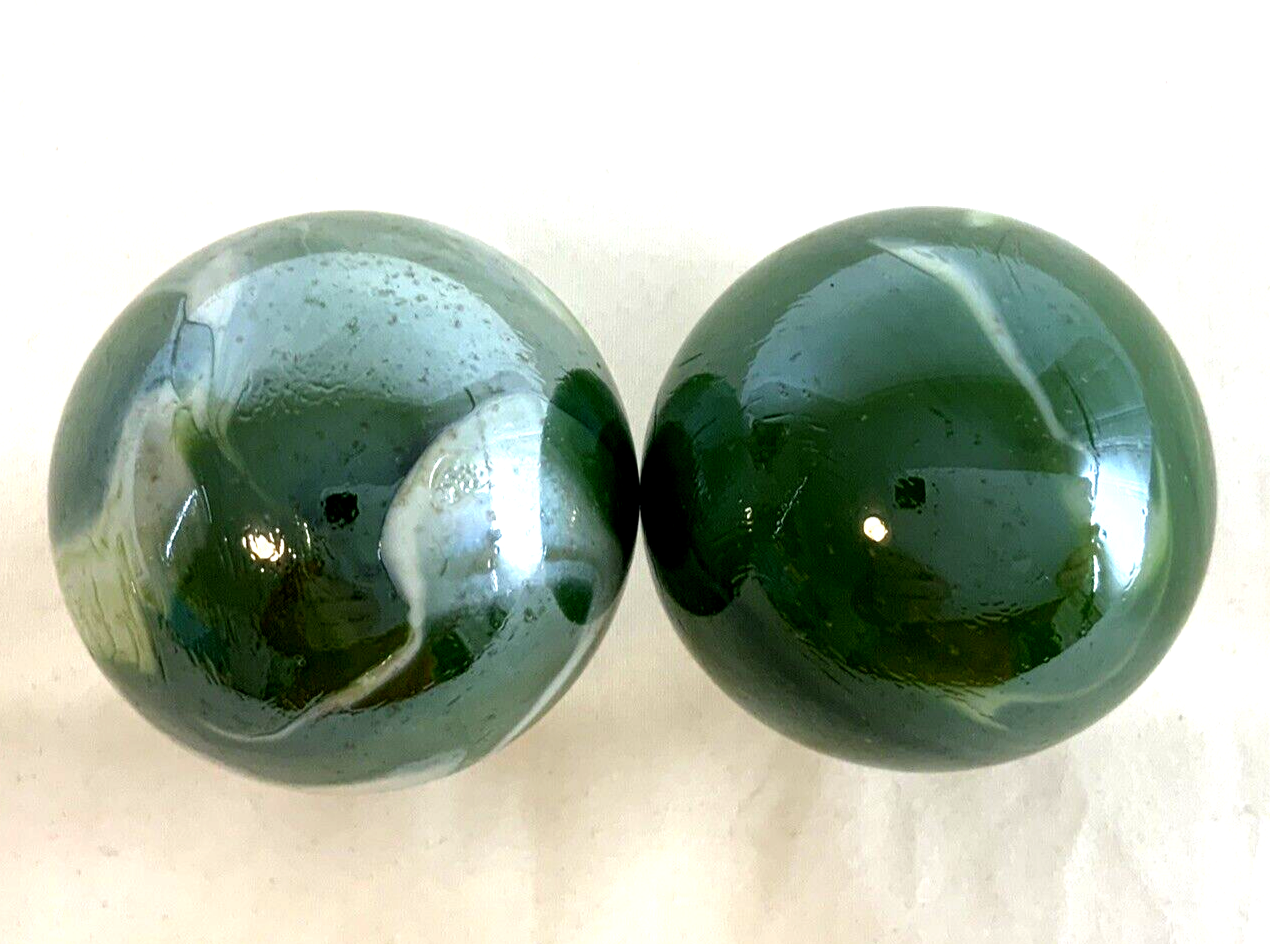 2 Boulders 42mm (1 5/8") FUNGUS Marbles glass ball Green White Iridescent large Swirl