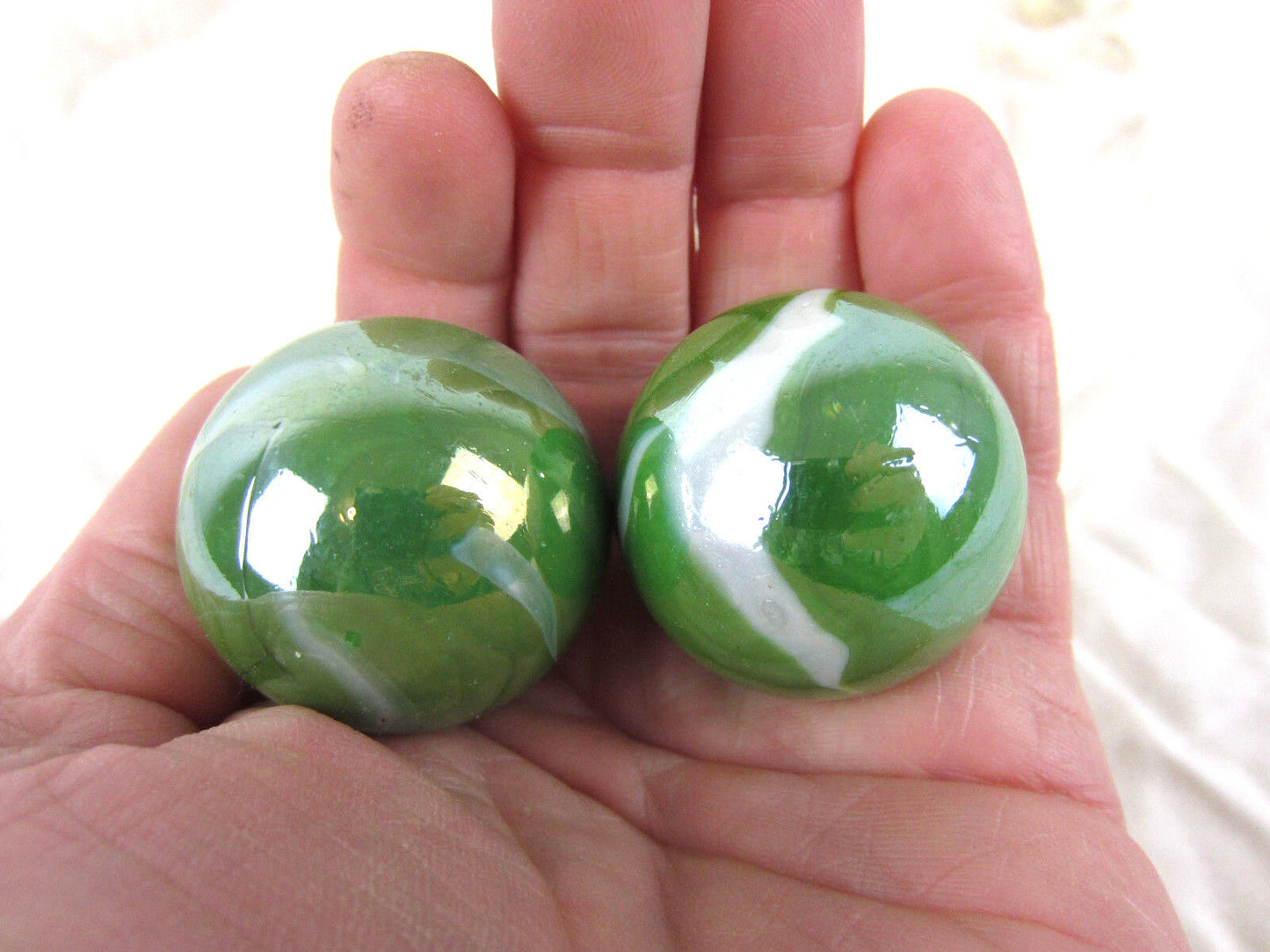 2 Boulders 35mm (1 3/8") FUNGUS Marbles glass ball Green White Iridescent large Swirl