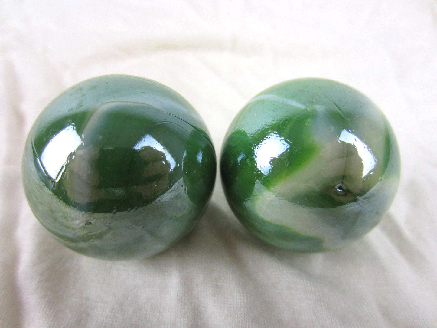 2 Boulders 35mm (1 3/8") FUNGUS Marbles glass ball Green White Iridescent large Swirl